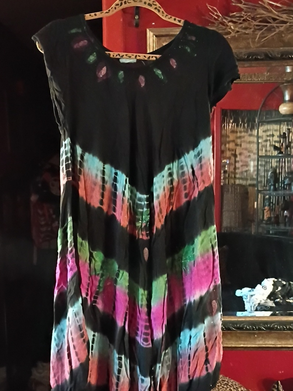Black Tie-Dye Boho Scoop-Neck Women's Lounge Dress
